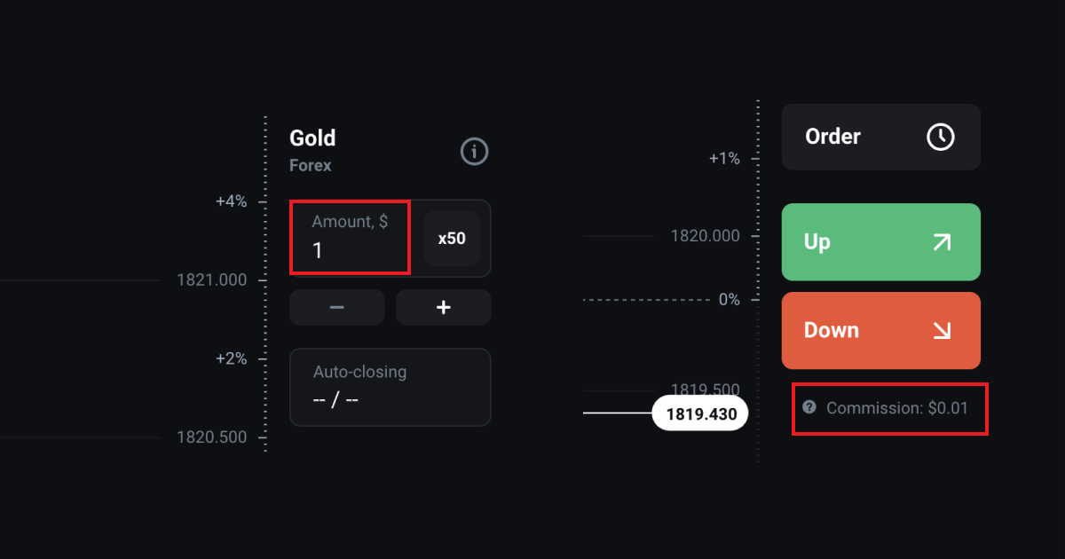 Olymp Trade Gold amount 1داخل اطار احمر و order up بالاخضر و downبالاحمر commission 0.01 دولار داخل اطار احمر